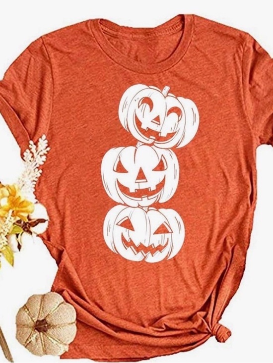 Tops - Women's Orange Halloween Pumpkin Graphic Tee